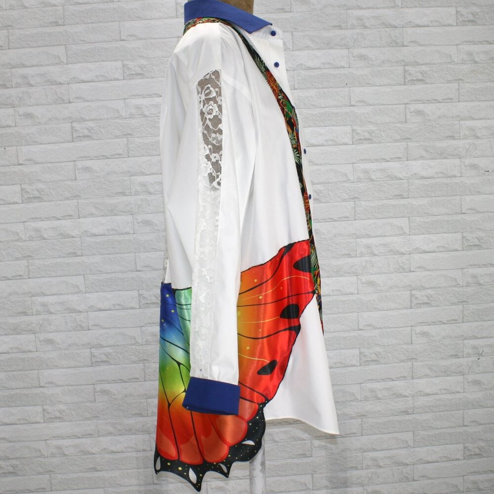 HAND CRAFTED Upcycled Shirt Shacket White Lace Swim Cover Butterfly Parrot Tie - Picture 5 of 16